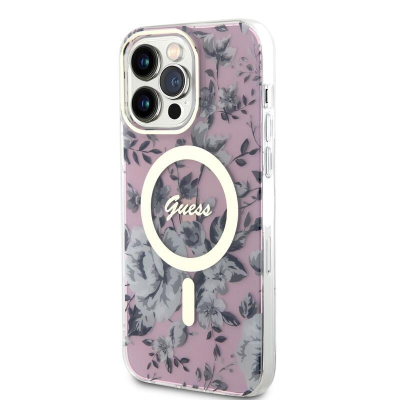 Guess flowers IML gelový obal s pevnými zády s MagSafe na iPhone 13 Pro Max - růžový