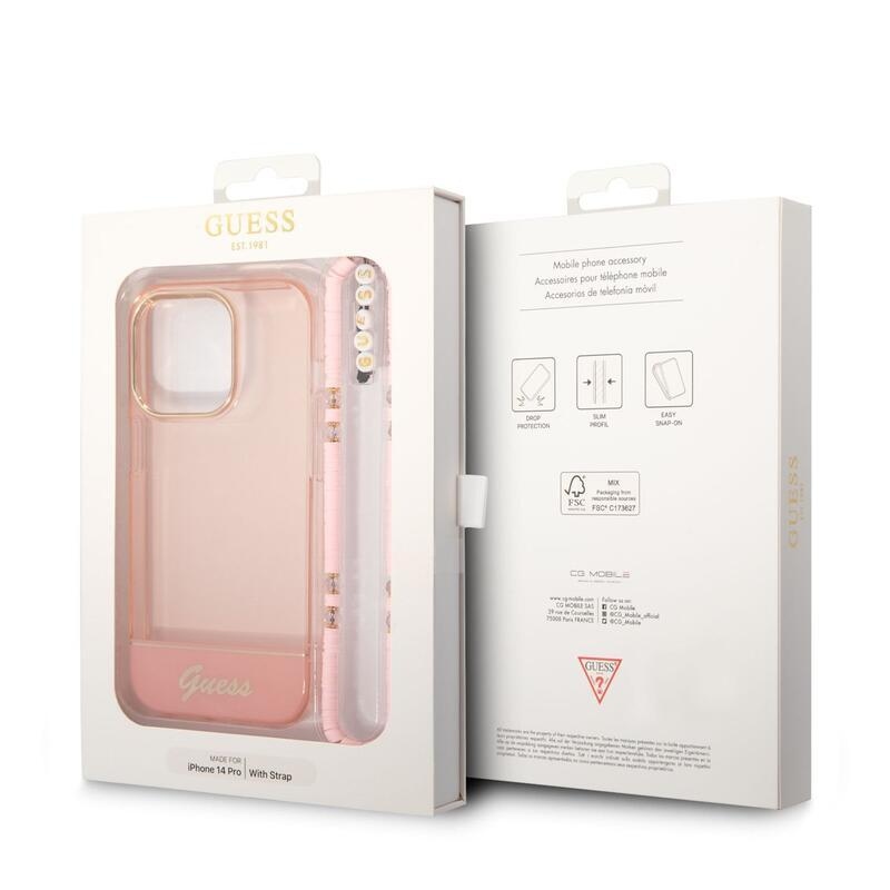 Guess outline gelový obal s pevnými zády a poutkem na iPhone 14 Pro - růžový