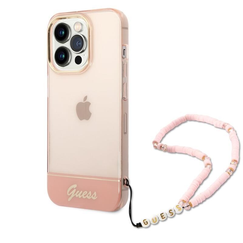 Guess outline gelový obal s pevnými zády a poutkem na iPhone 14 Pro - růžový