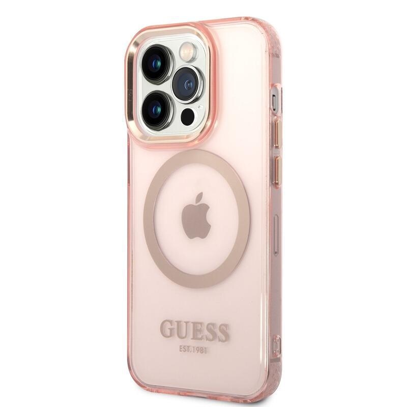 Guess translucent gelový obal s pevnými zády s MagSafe na iPhone 14 Pro - růžový