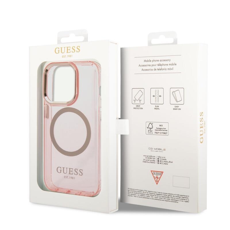 Guess translucent gelový obal s pevnými zády s MagSafe na iPhone 14 Pro - růžový