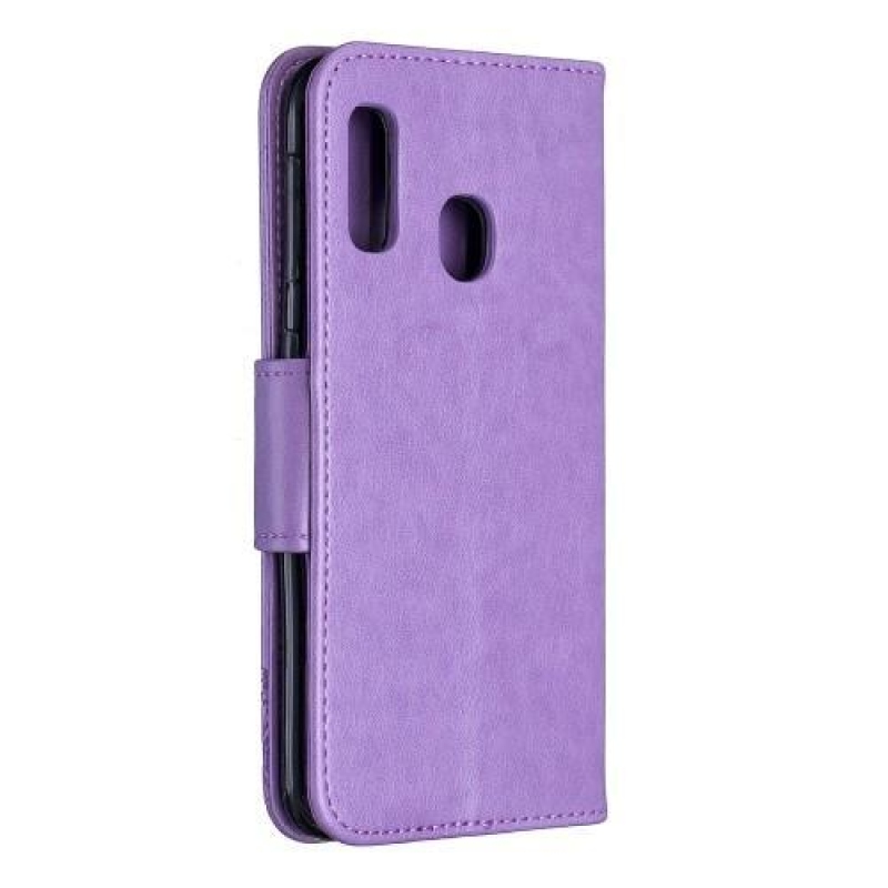 Imprint PU kožené peněženkové pouzdro na mobil Samsung Galaxy A20e - fialové
