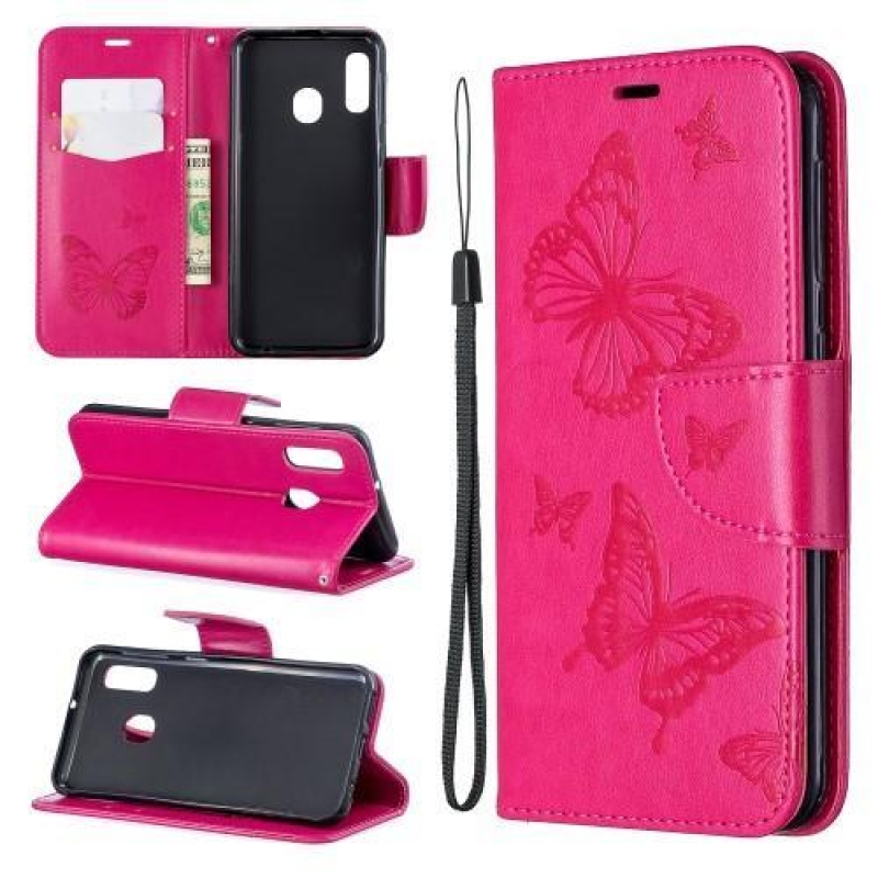 Imprint PU kožené peněženkové pouzdro na mobil Samsung Galaxy A20e - růžové