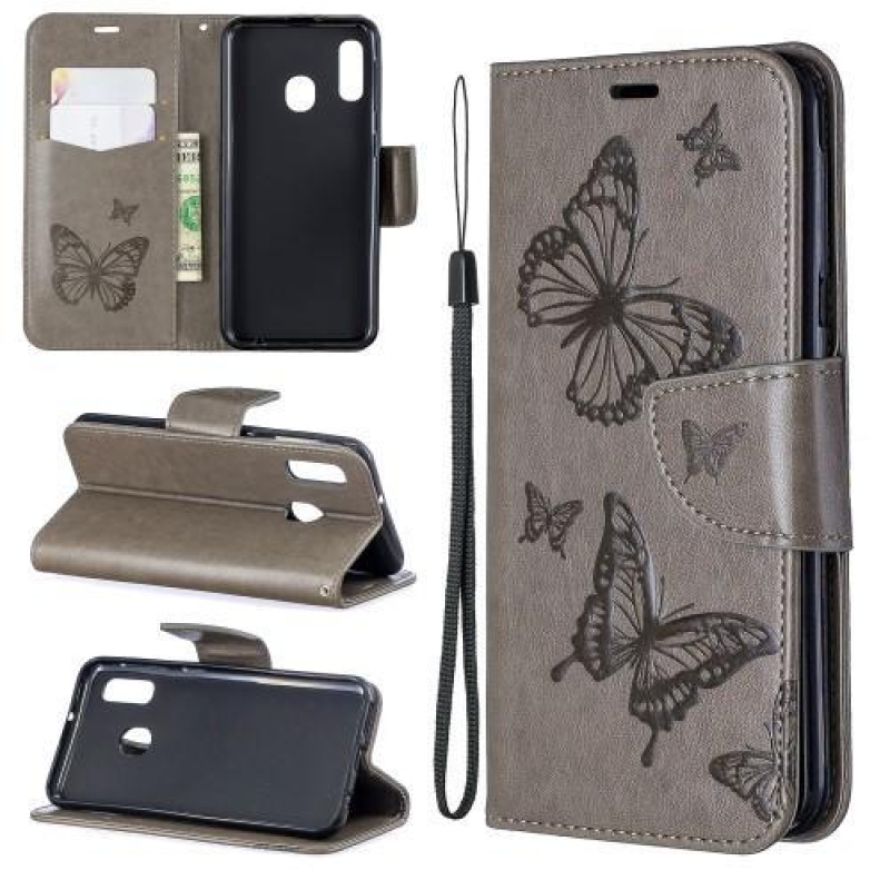 Imprint PU kožené peněženkové pouzdro na mobil Samsung Galaxy A20e - šedé