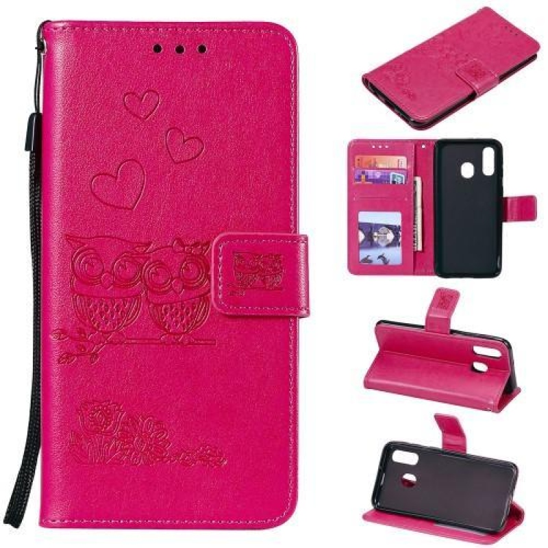 Imprinted PU kožené peněženkové pouzdro na mobil Samsung Galaxy A20e - růžové