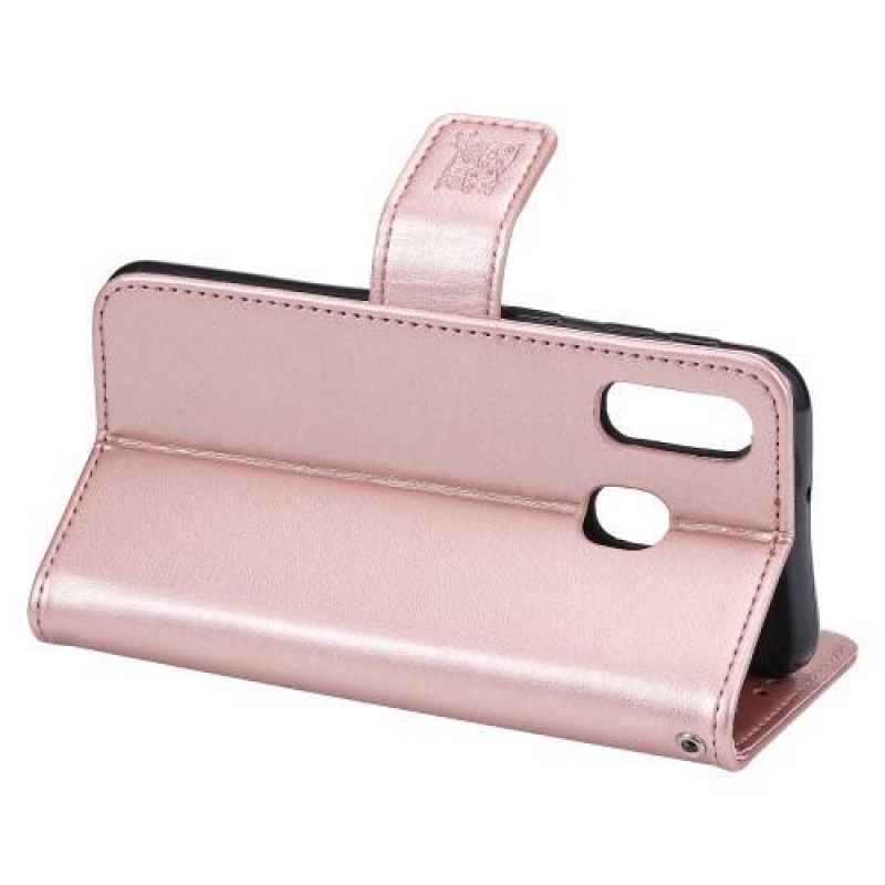 Imprinted PU kožené peněženkové pouzdro na mobil Samsung Galaxy A20e - růžovozlaté