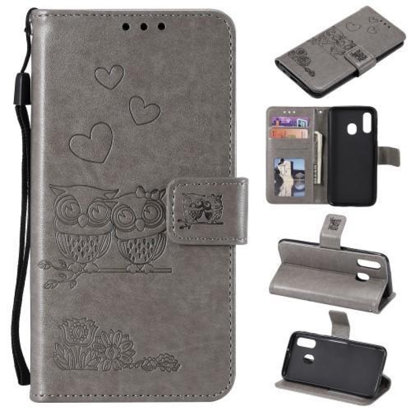Imprinted PU kožené peněženkové pouzdro na mobil Samsung Galaxy A20e - šedé