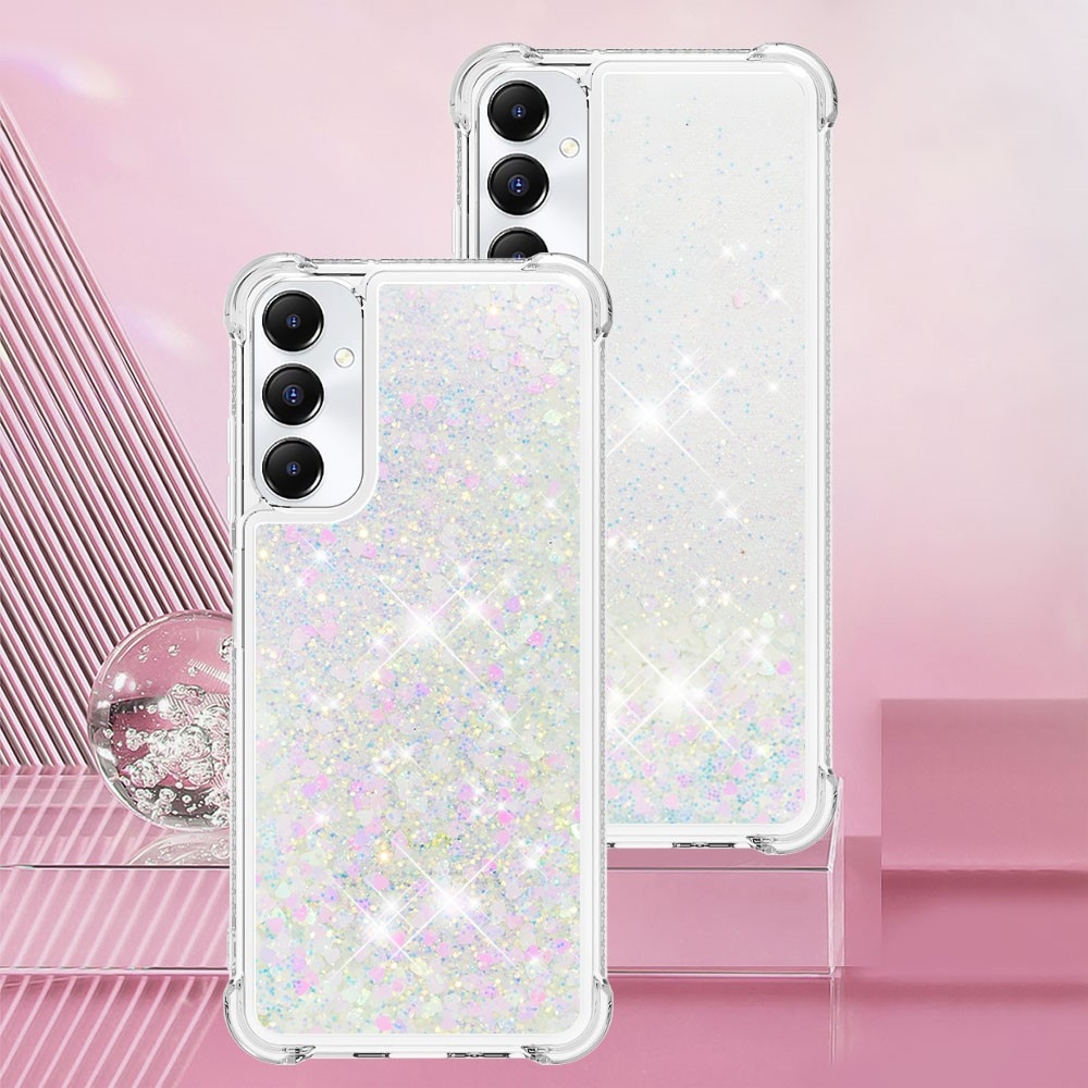 Glitter gelový přesýpací obal na Samsung Galaxy A05s - růžovostříbrný/srdíčka