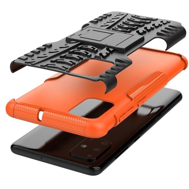 Kickstand hybridní odolný kryt na mobil Samsung Galaxy A71 - oranžový