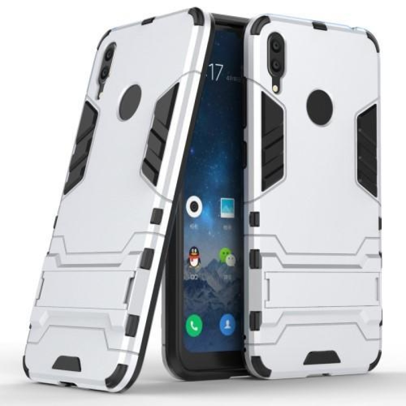 Kickstand odolný hybridní obal na mobil Huawei Y7 (2019) - stříbrný