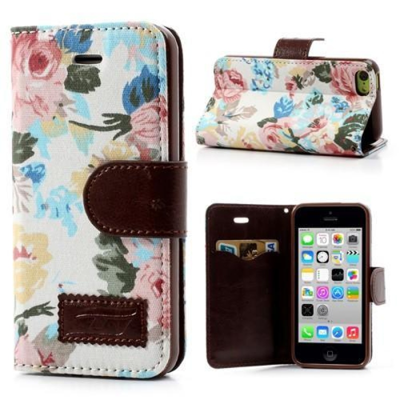 Květinkové PU kožené/textilní pouzdro na iPhone 5C - bílé