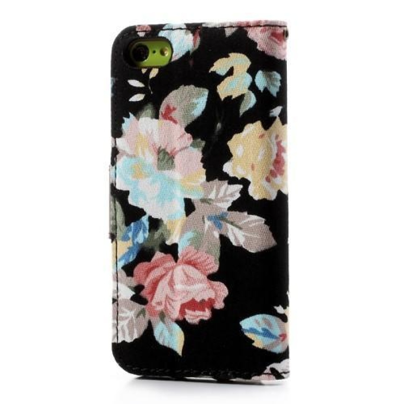 Květinkové PU kožené/textilní pouzdro na iPhone 5C - černé