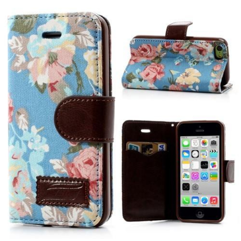 Květinkové PU kožené/textilní pouzdro na iPhone 5C - modré