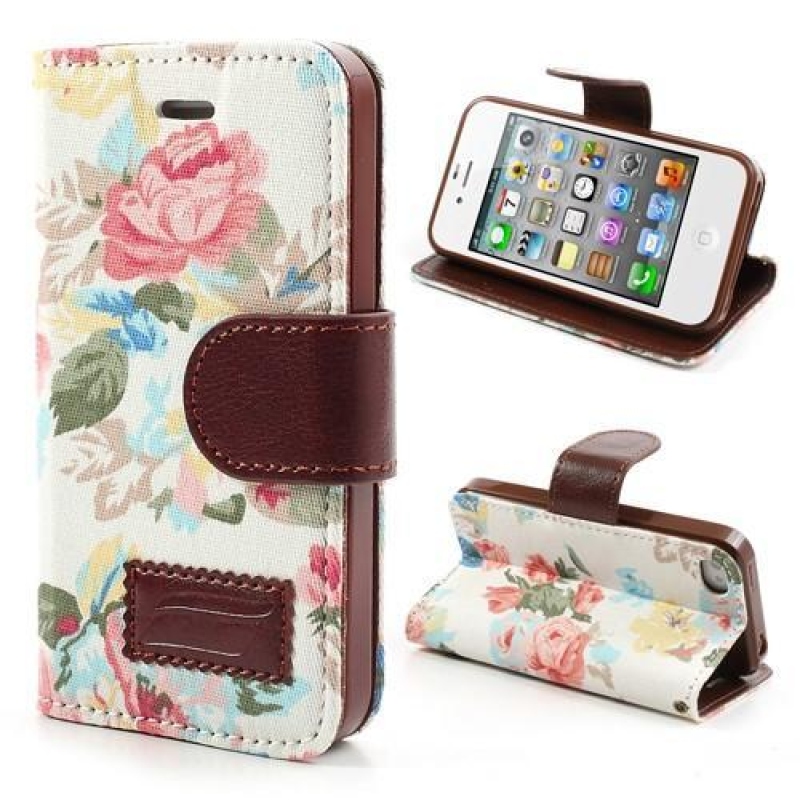 Květinové textilní/PU kožené pouzdro na iPhone 4 a 4s - bílé