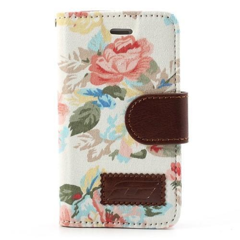 Květinové textilní/PU kožené pouzdro na iPhone 4 a 4s - bílé