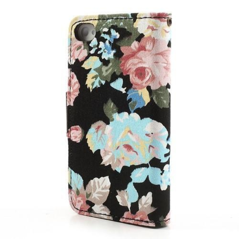 Květinové textilní/PU kožené pouzdro na iPhone 4 a 4s - černé