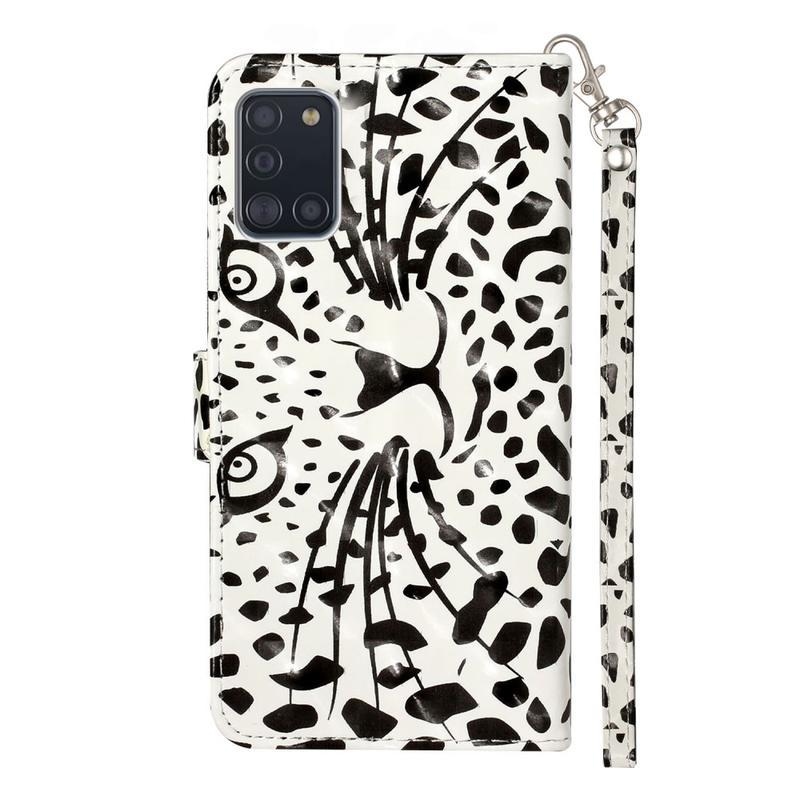 Light PU kožené peněženkové pouzdro na mobil Samsung Galaxy A31 - leopardí tvář