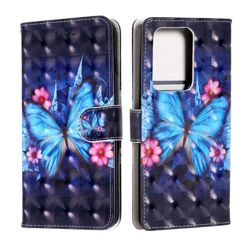 Light PU kožené peněženkové pouzdro na mobil Samsung Galaxy S20 Ultra - modrý motýl