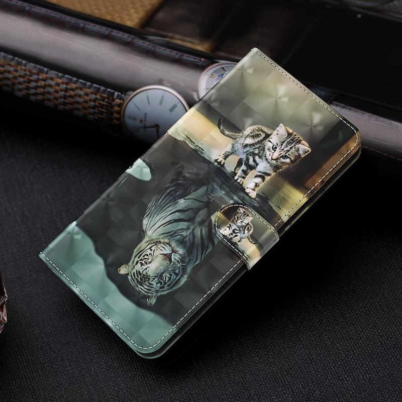 Light PU kožené peněženkové pouzdro na mobil Samsung Galaxy S21 - kočka a odraz tygra