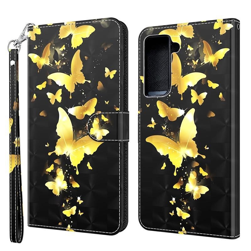 Light PU kožené peněženkové pouzdro na mobil Samsung Galaxy S21 - zlatí motýli