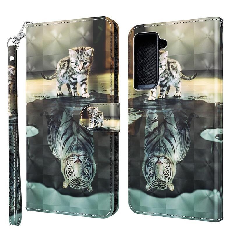 Light PU kožené peněženkové pouzdro pro mobil Samsung Galaxy S21 Plus - kočka a tygr