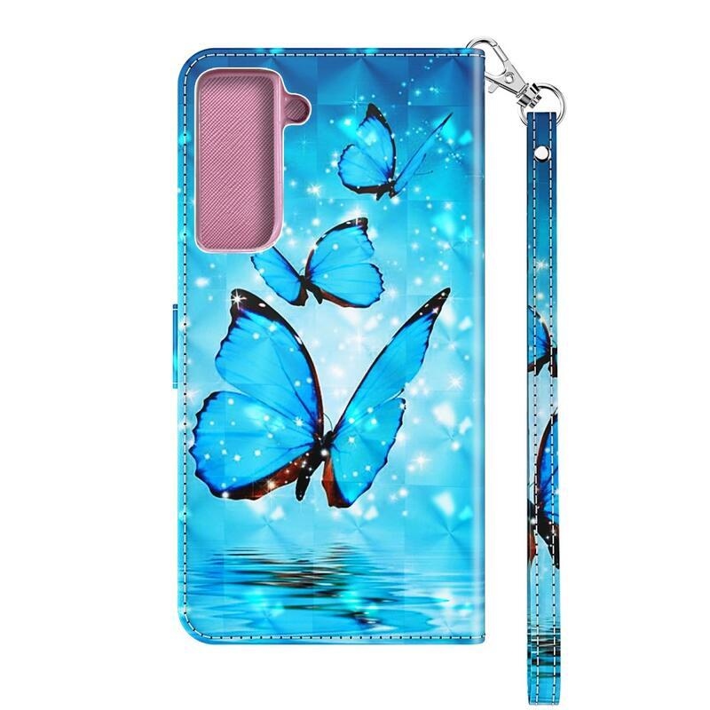 Light PU kožené peněženkové pouzdro pro mobil Samsung Galaxy S21 Plus - modří motýli