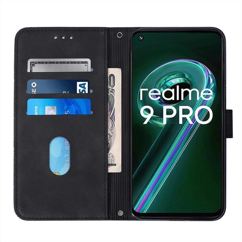 Lines PU kožené peněženkové pouzdro na mobil Realme 9 Pro 5G - černé