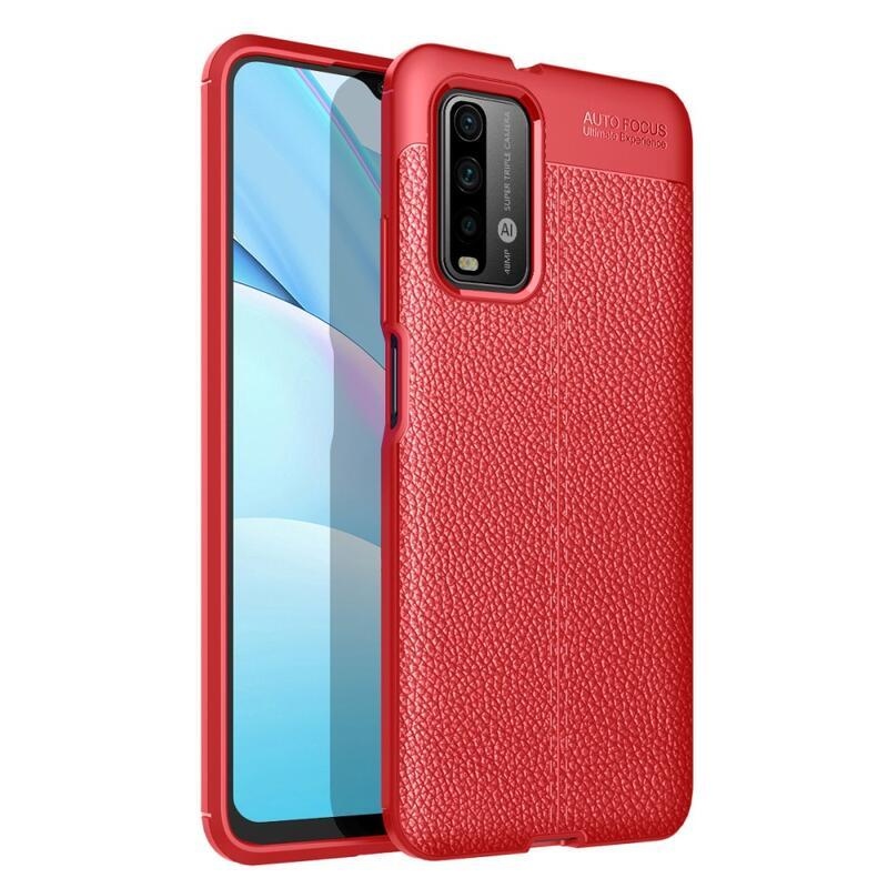 Litchi odolný gelový obal s texturou na mobil Xiaomi Poco M3 - červené