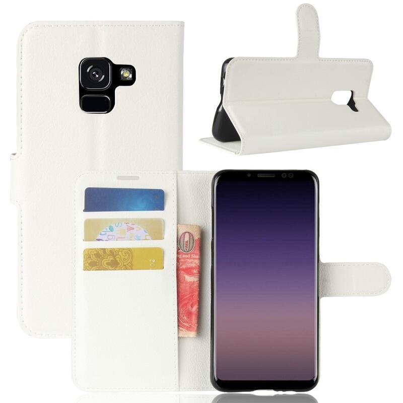 Litchi PU kožené knížkové pouzdro na Samsung Galaxy A8 (2018) - bílé