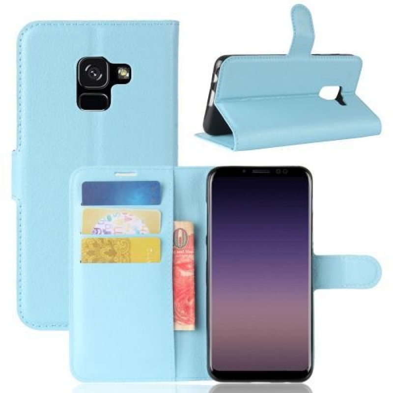 Litchi PU kožené knížkové pouzdro na Samsung Galaxy A8 (2018) - modré