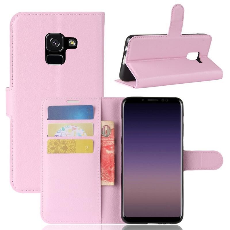 Litchi PU kožené knížkové pouzdro na Samsung Galaxy A8 (2018) - růžové