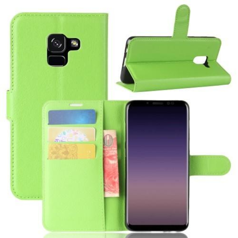 Litchi PU kožené knížkové pouzdro na Samsung Galaxy A8 (2018) - zelené