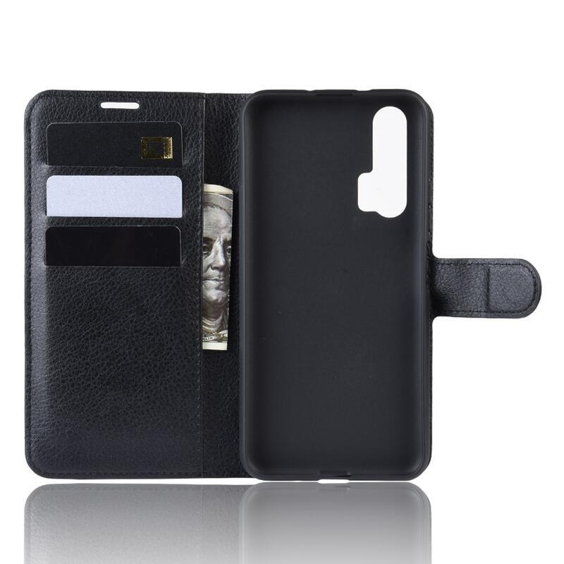 Litchi PU kožené peněženkové pouzdro na mobil Honor 20 Pro - černé