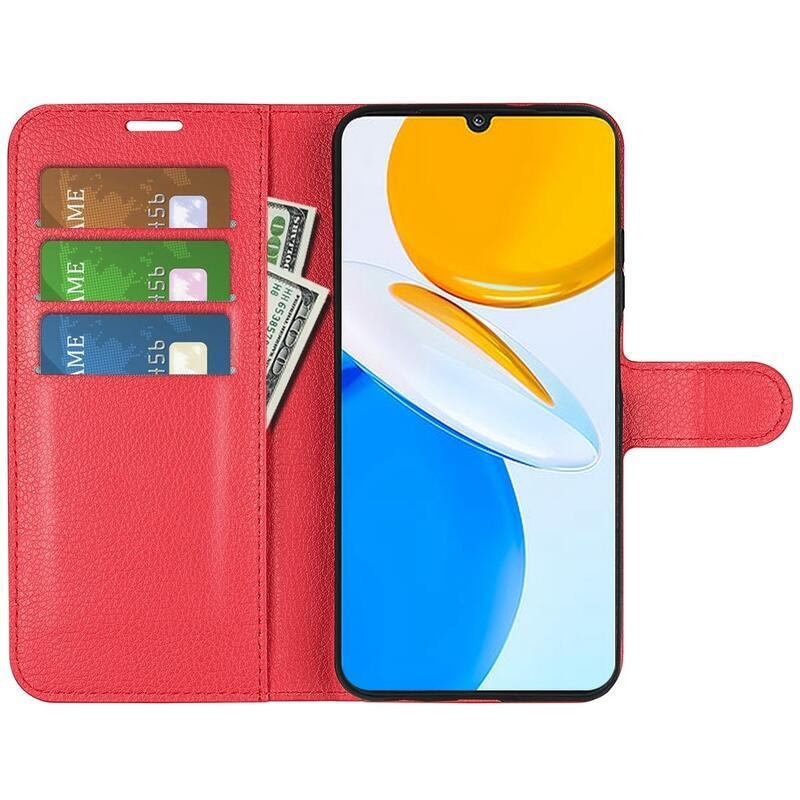 Litchi PU kožené peněženkové pouzdro na mobil Honor X7 - červené
