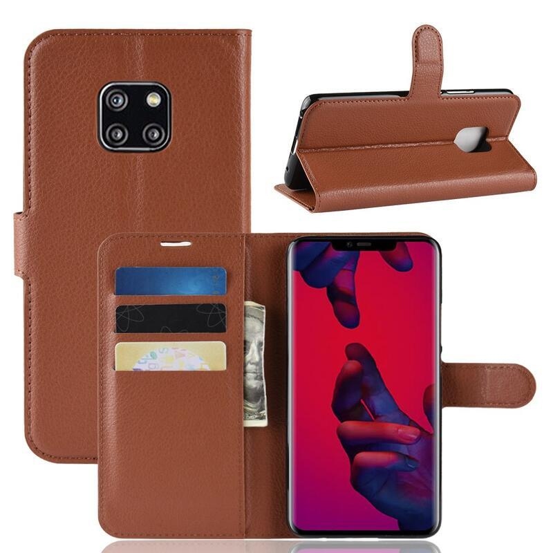 Litchi PU kožené peněženkové pouzdro na mobil Huawei Mate 20 Pro - hnědé