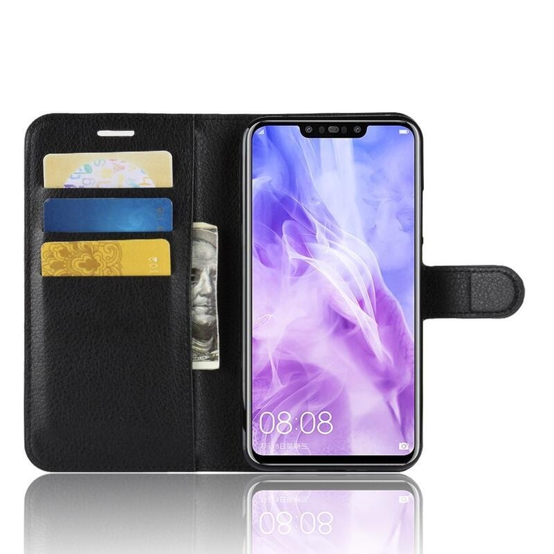 Litchi PU kožené peněženkové pouzdro na mobil Huawei Nova 3i - černé