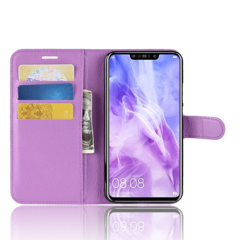 Litchi PU kožené peněženkové pouzdro na mobil Huawei Nova 3i - fialové