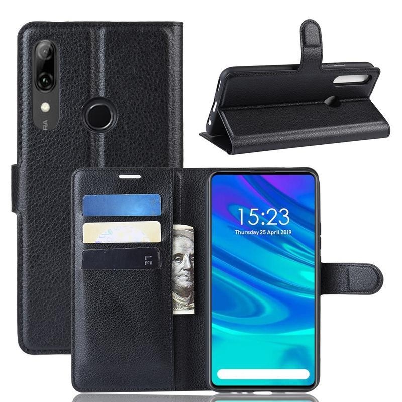 Litchi PU kožené peněženkové pouzdro na mobil Huawei P Smart Z/Honor 9X - černé