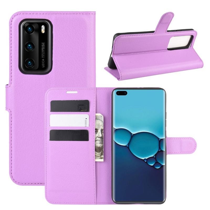 Litchi PU kožené peněženkové pouzdro na mobil Huawei P40 - fialové