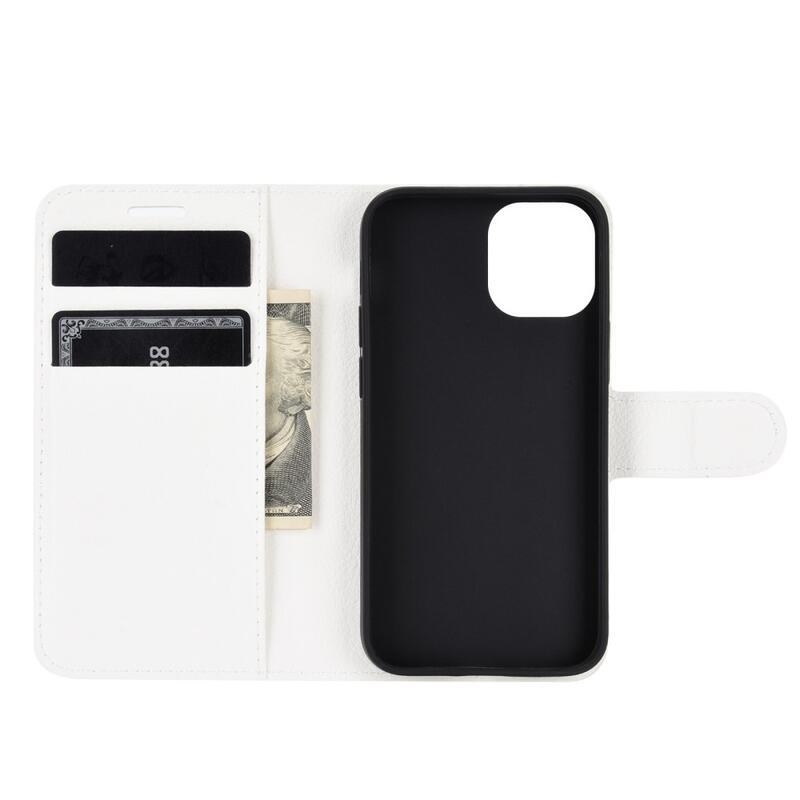 Litchi PU kožené peněženkové pouzdro na mobil iPhone 12 mini 5.4 - bílé