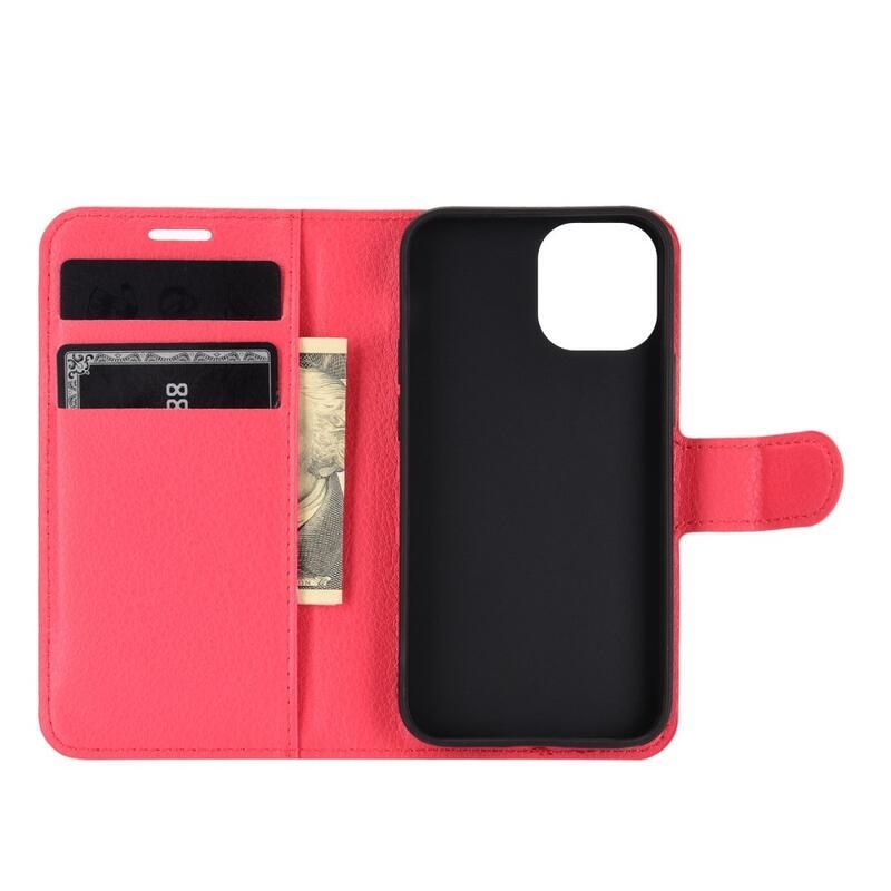 Litchi PU kožené peněženkové pouzdro na mobil iPhone 12 mini 5.4 - červené