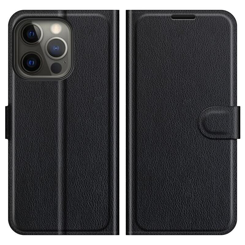Litchi PU kožené peněženkové pouzdro na mobil iPhone 13 Pro 6.1 - černé