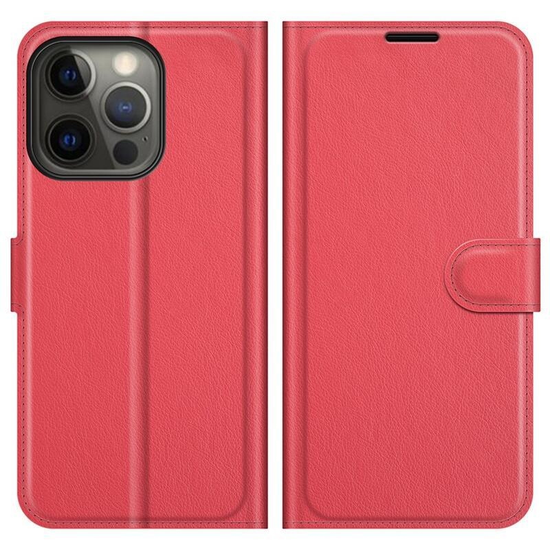 Litchi PU kožené peněženkové pouzdro na mobil iPhone 13 Pro Max 6.7 - červené