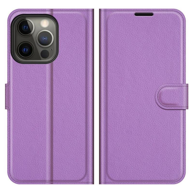 Litchi PU kožené peněženkové pouzdro na mobil iPhone 13 Pro Max 6.7 - fialové