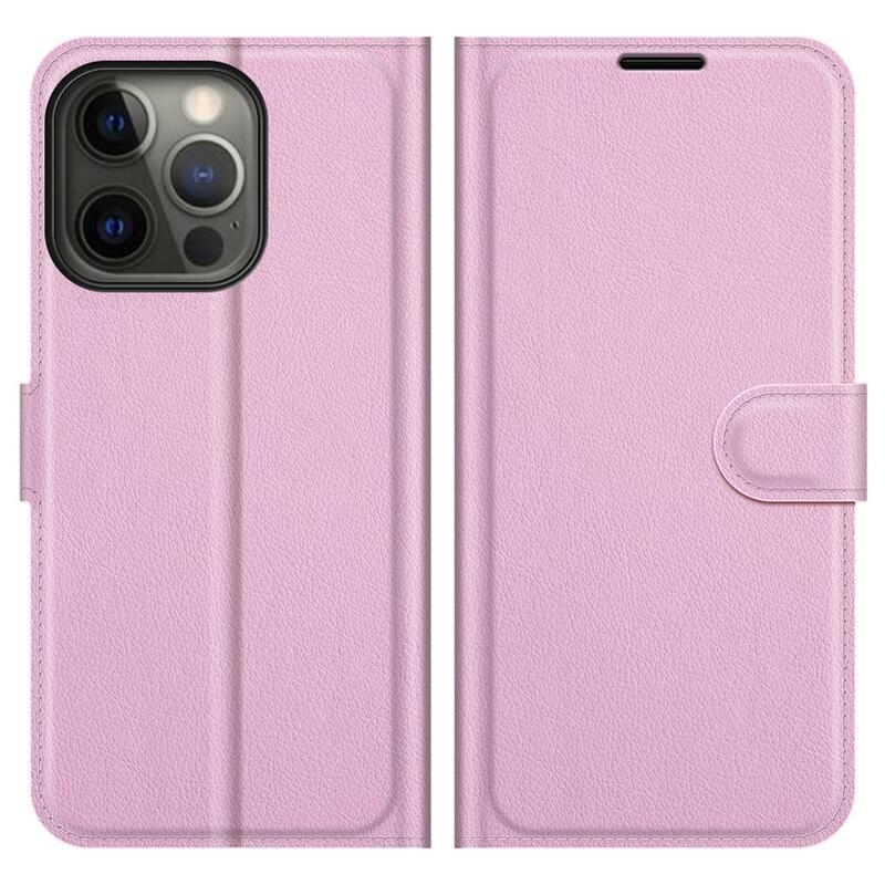 Litchi PU kožené peněženkové pouzdro na mobil iPhone 13 Pro Max 6.7 - růžové