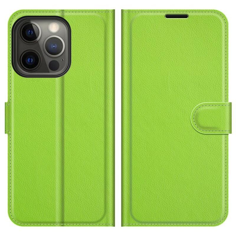 Litchi PU kožené peněženkové pouzdro na mobil iPhone 13 Pro Max 6.7 - zelené