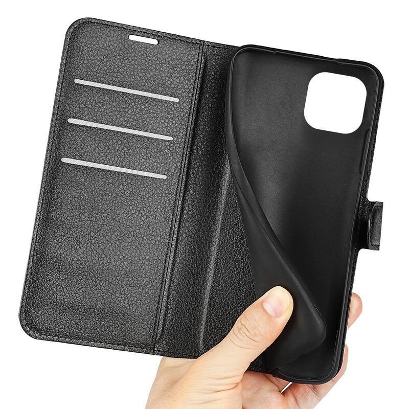 Litchi PU kožené peněženkové pouzdro na mobil iPhone 14 6.1 - černé