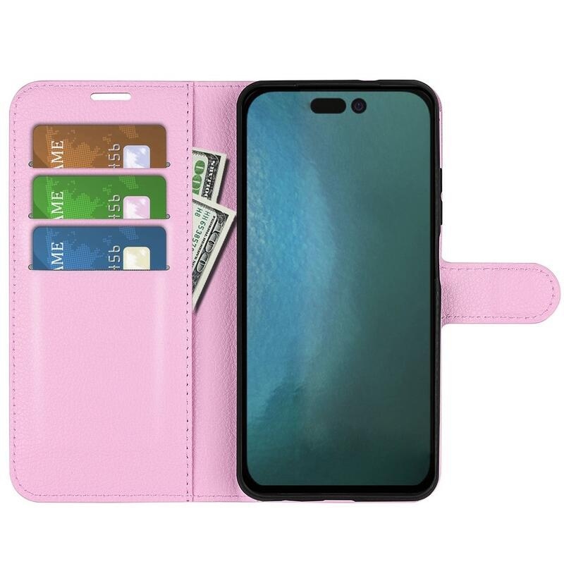 Litchi PU kožené peněženkové pouzdro na mobil iPhone 14 6.1 - růžové