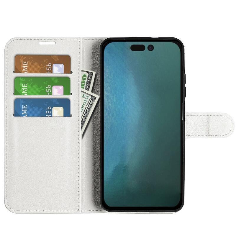 Litchi PU kožené peněženkové pouzdro na mobil iPhone 14 Pro 6.1 - bílé