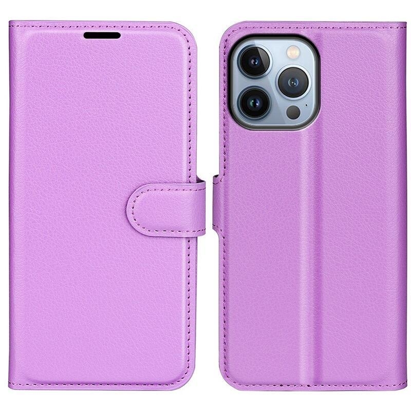 Litchi PU kožené peněženkové pouzdro na mobil iPhone 14 Pro 6.1 - fialové